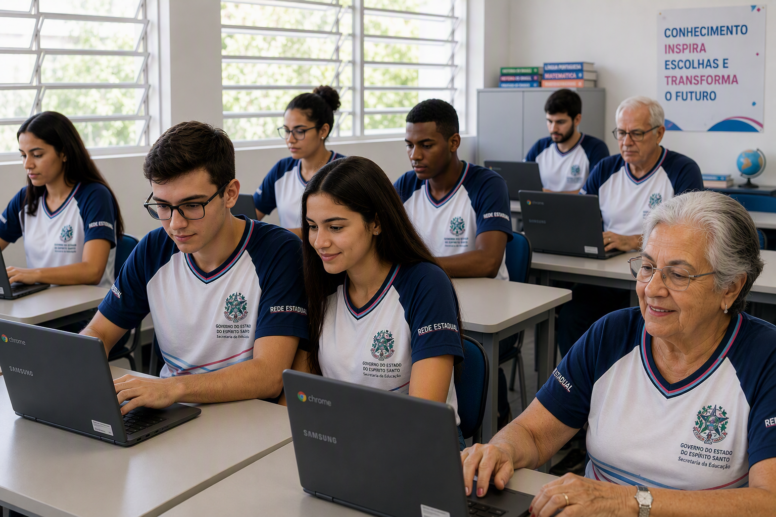 Estudantes jovens e adultos em sala de aula fazendo uso de computadores para estudo.